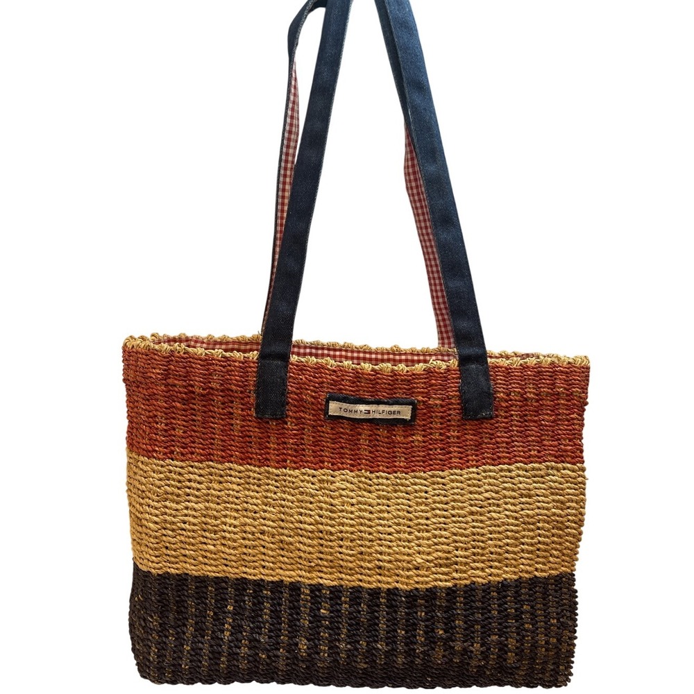 Tommy Hilfiger Straw Tote‎ Bag Purse Striped Gingham Lined Beach Casual
